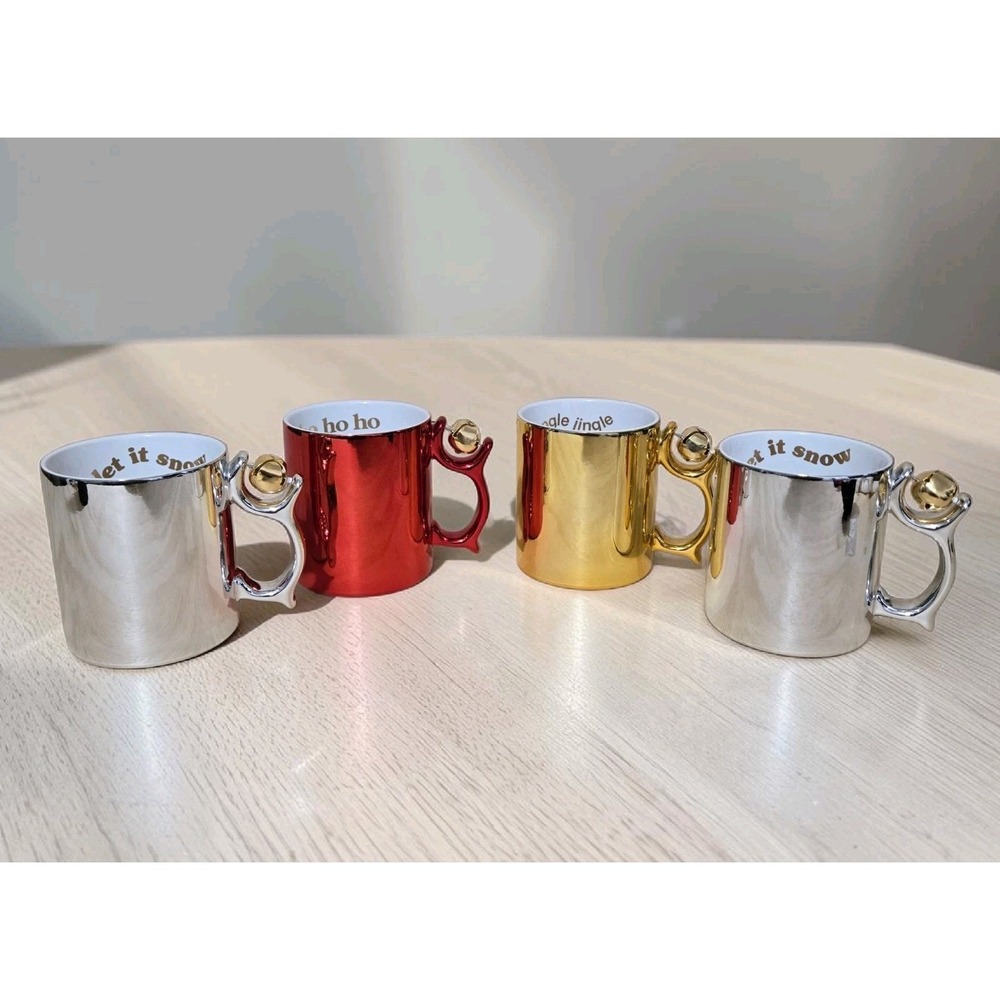 Dept 56 Spinners Mugs Jingle Bells Metallic Coffee Cups Christmas HTF Read